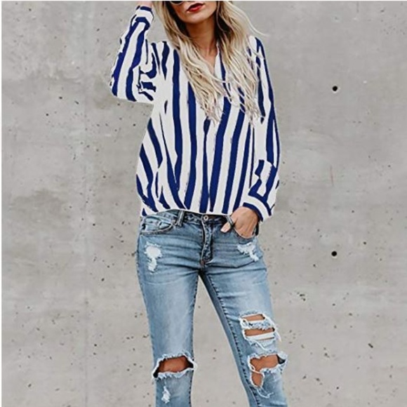 Deep V-Neck Loose Casual Blouse Small Royal Blue - Picture 3 of 4